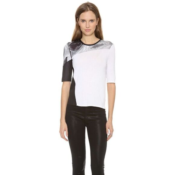 Helmut Lang Short Sleeve Silver Print Top in Cream/Black Marble Size Large - Picture 11 of 11